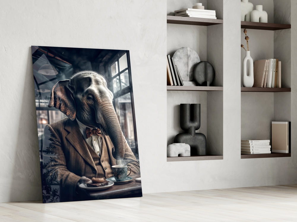 Dignified-pachyderm artwork anchoring a wall with tan-and-sepia palette