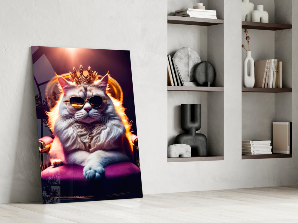 Feline-monarch artwork anchoring a wall with gold-and-magenta palette