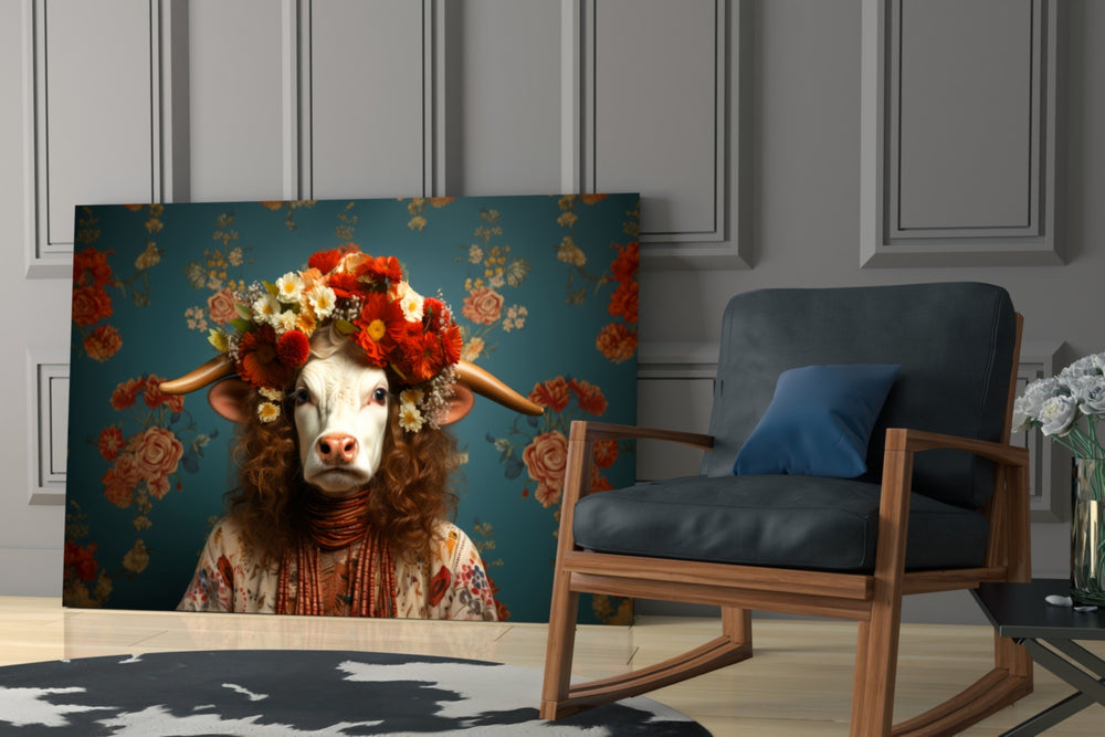 Flower-crowned artwork anchoring a wall with scarlet-and-teal palette