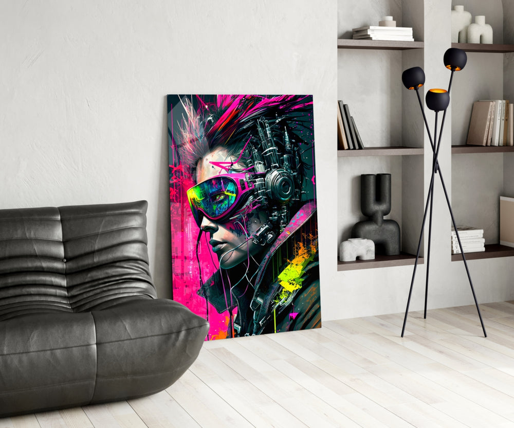 City Music glass print enhancing a den with cyberpunk firepower