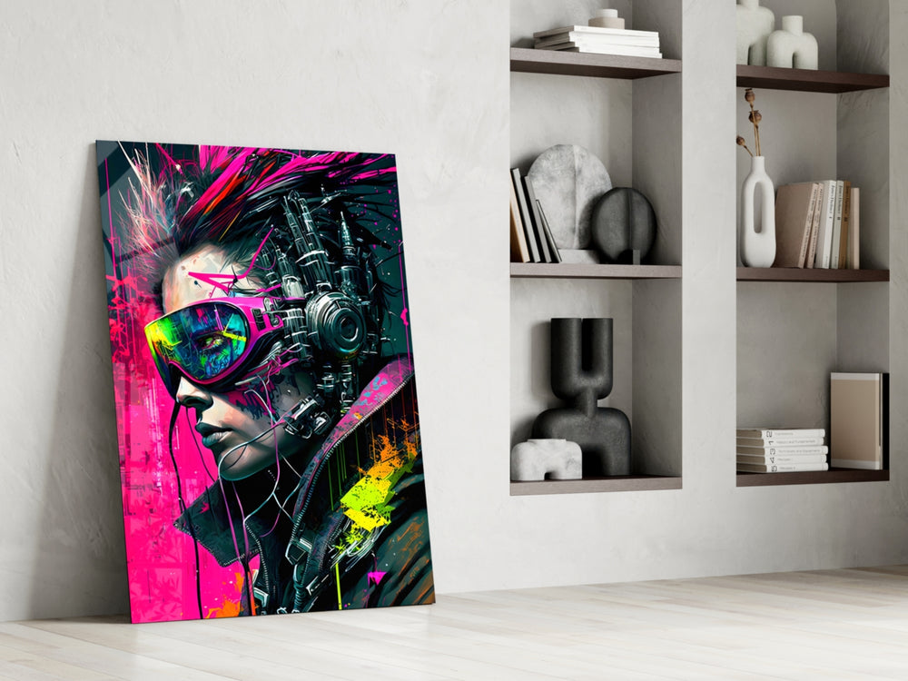 Chrome-muse artwork anchoring a wall with magenta-and-cyan palette