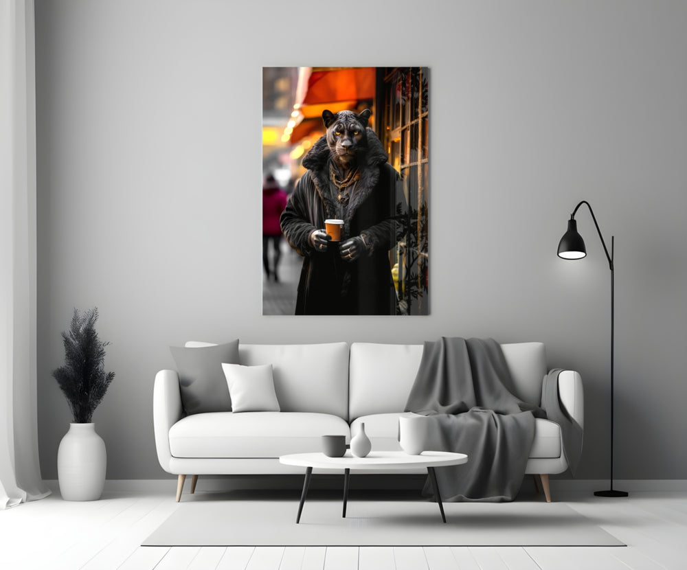Java the Leopard glass wall art styled above a console in a study