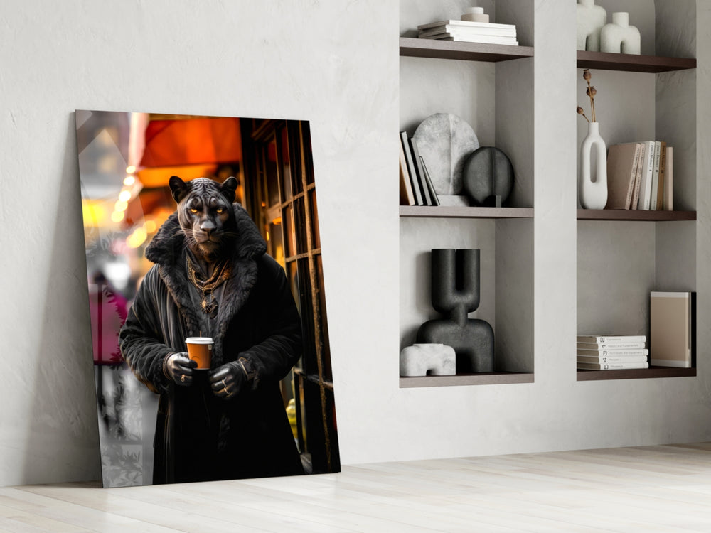 Feline-gentleman artwork anchoring a wall with onyx-and-amber palette