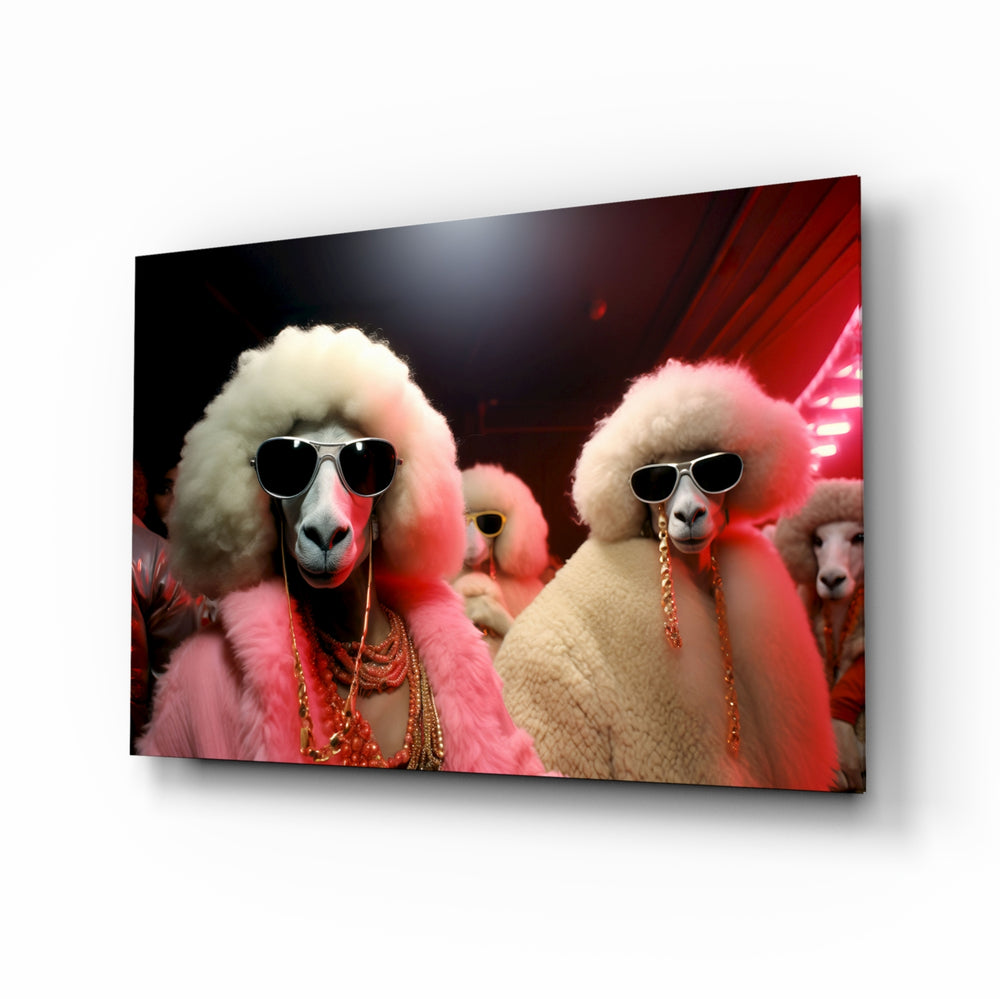 Glamour-portrait panel bringing club glow to a powder room