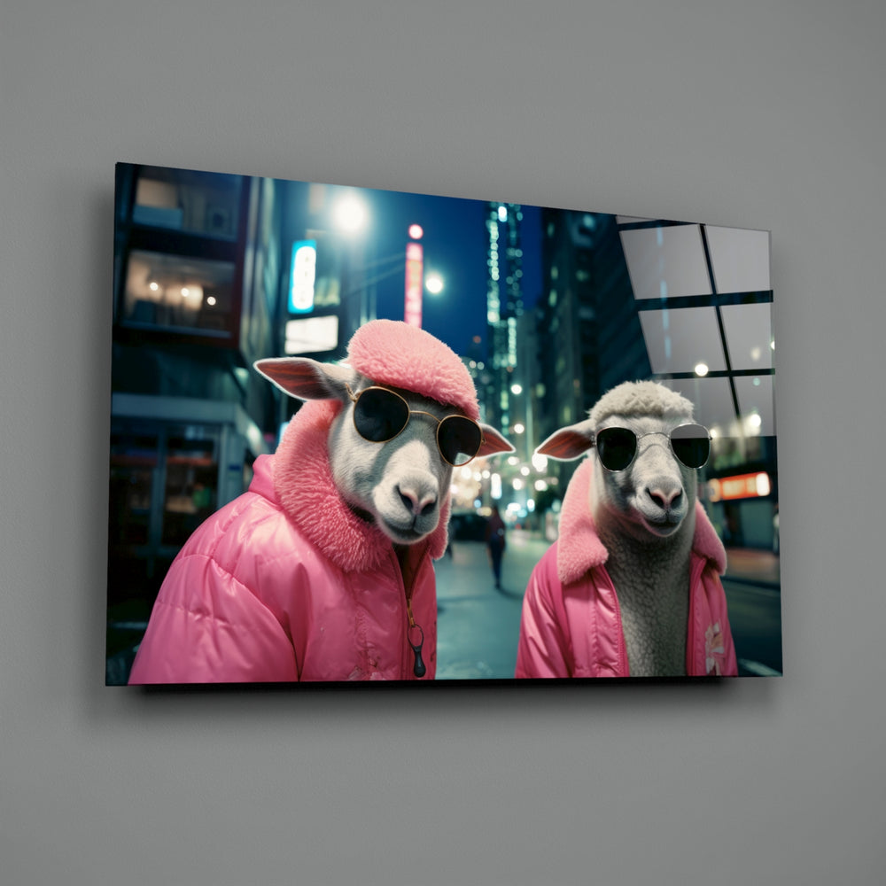 City Music close-up showing sheep duo in pink puffers and sunglasses