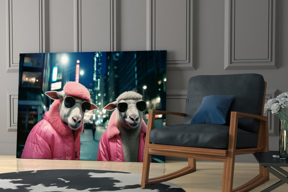 Dapper-duo artwork anchoring a wall with pink-and-twilight palette