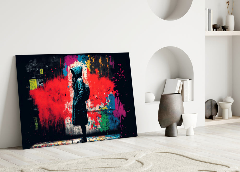 City Music glass wall art styled above a console in a media room