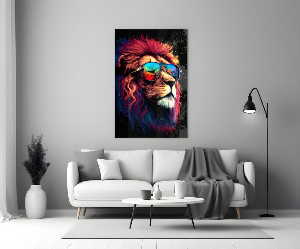 Charismatic glass wall art styled above a console in a media room