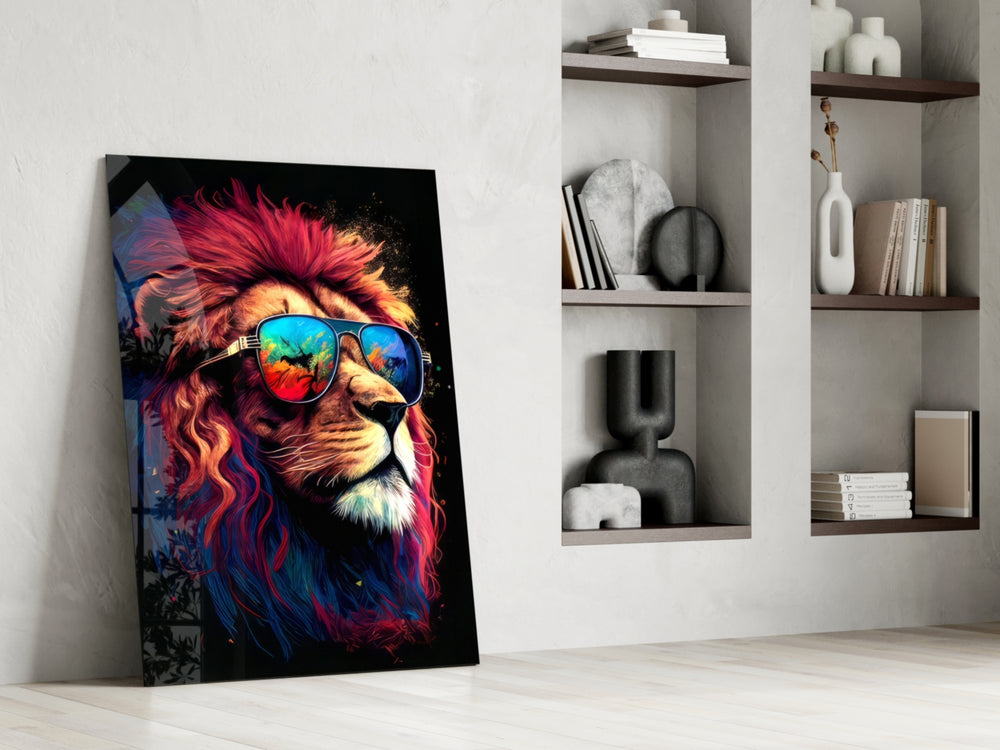 Hipster-lion artwork anchoring a wall with magenta-and-cobalt palette