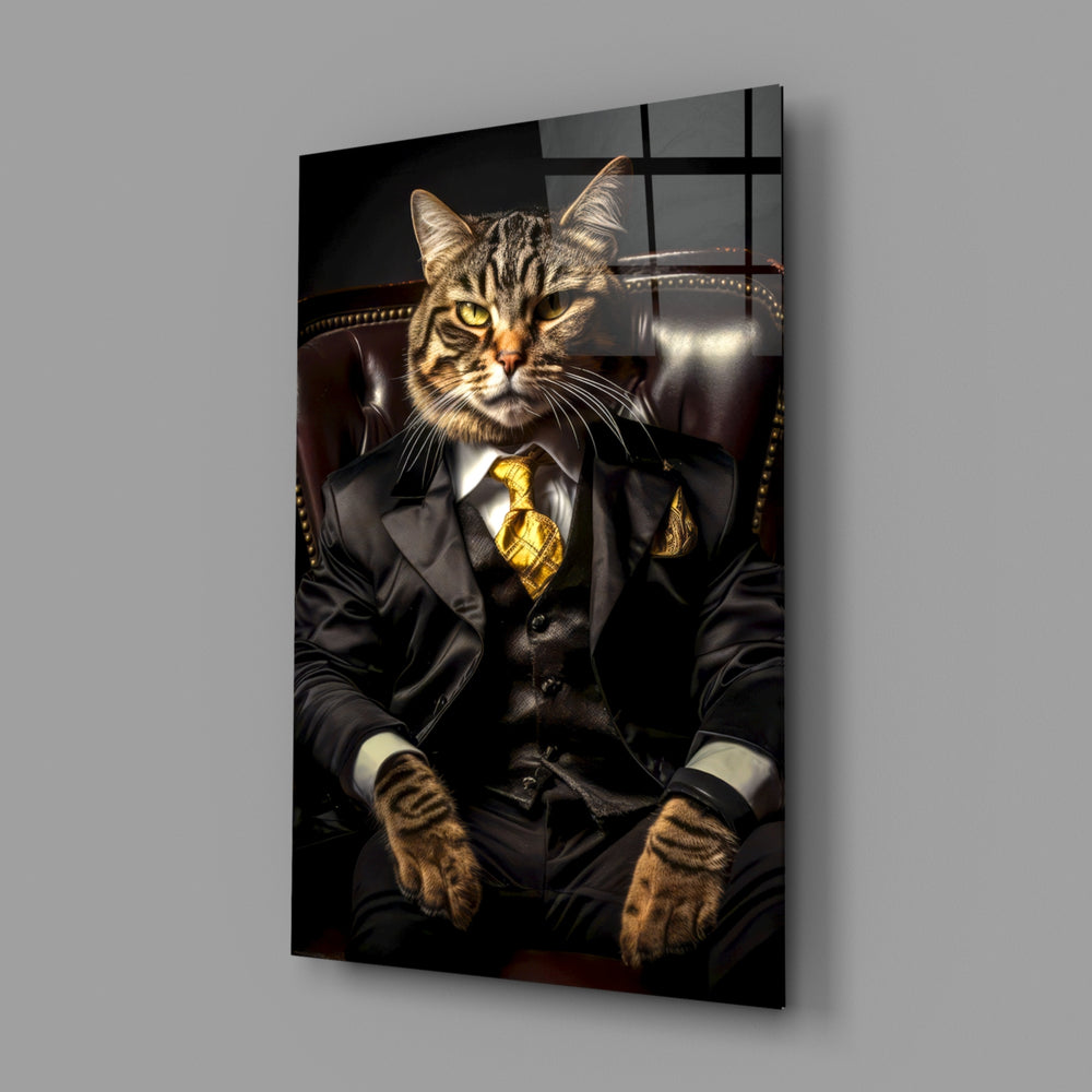 The Boss close-up showing tabby cat in black suit and gold tie
