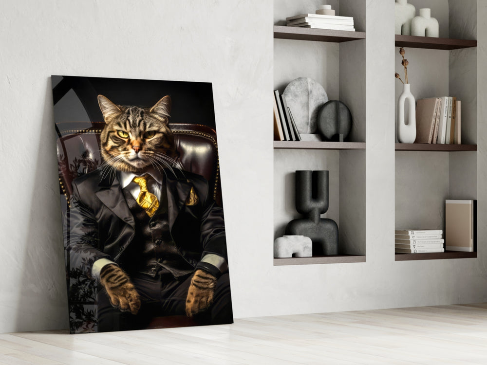 Feline-don artwork anchoring a wall with onyx-and-amber palette