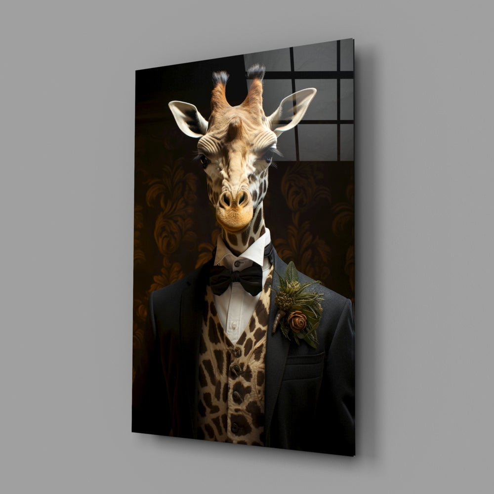 Gentleman close-up showing giraffe head and navy tuxedo