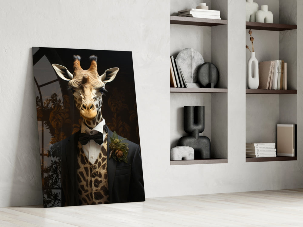 Dapper-giraffe artwork anchoring a wall with navy-and-amber palette