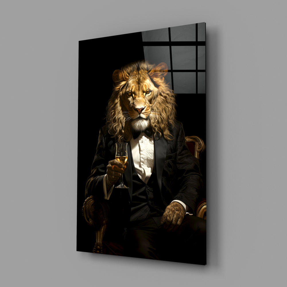 Gentleman close-up showing lion head in black tuxedo with champagne
