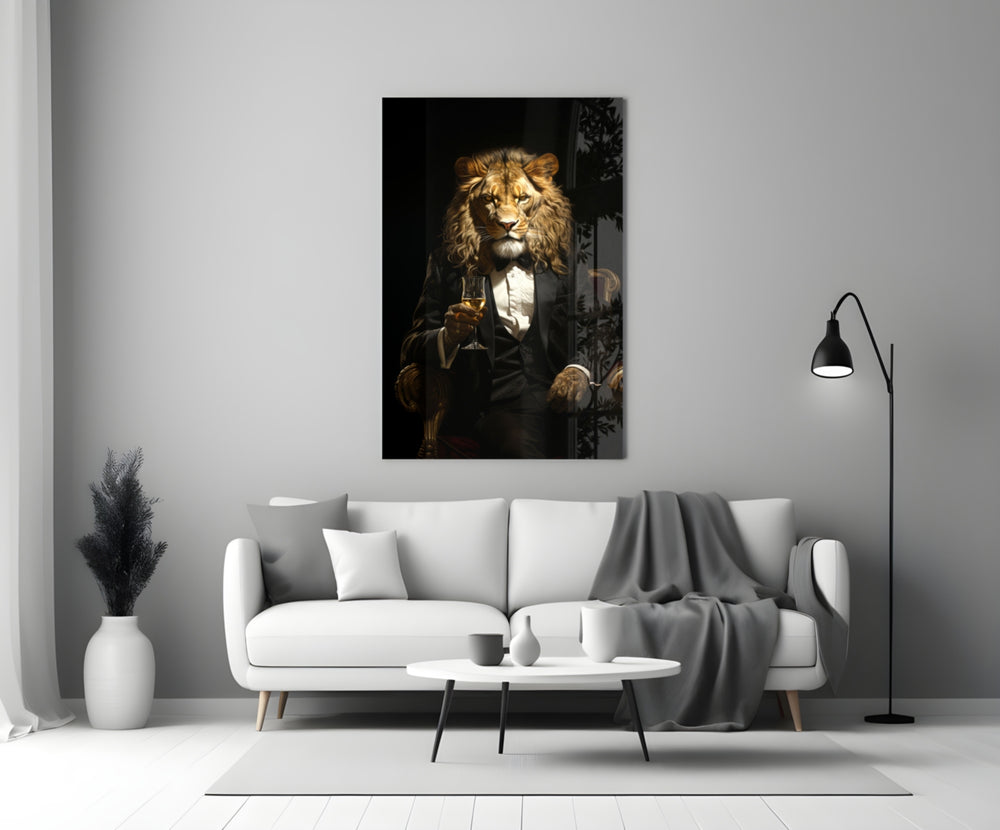Gentleman glass wall art styled above a console in a home bar