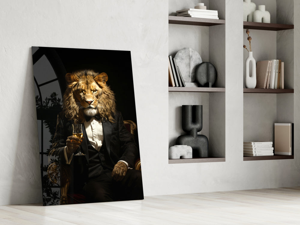 Noble-gentleman artwork anchoring a wall with onyx-and-gold palette