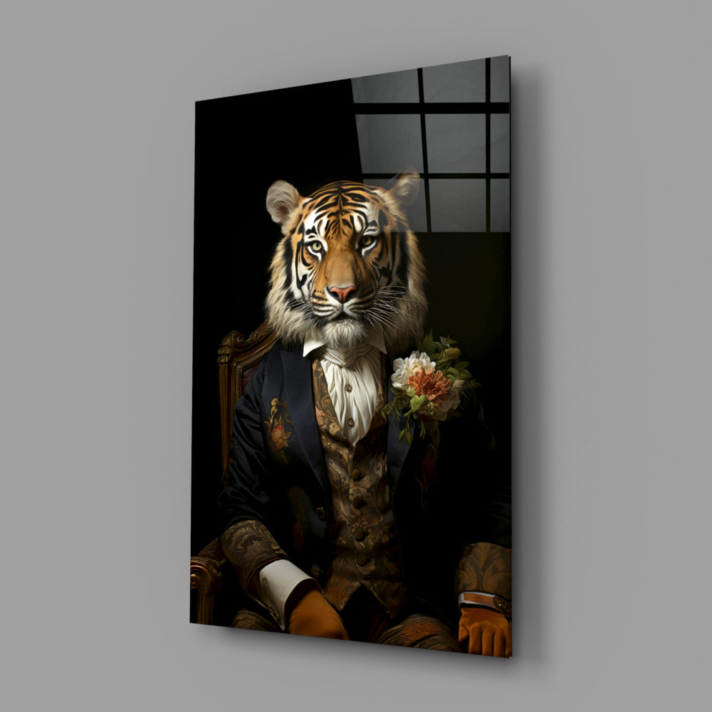 Gentleman close-up showing tiger head in navy suit and cravat