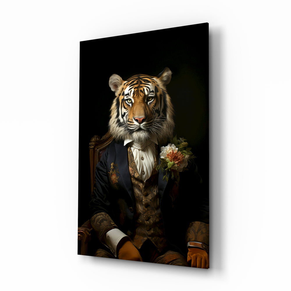 Vintage-portrait panel bringing dapper glow to a library