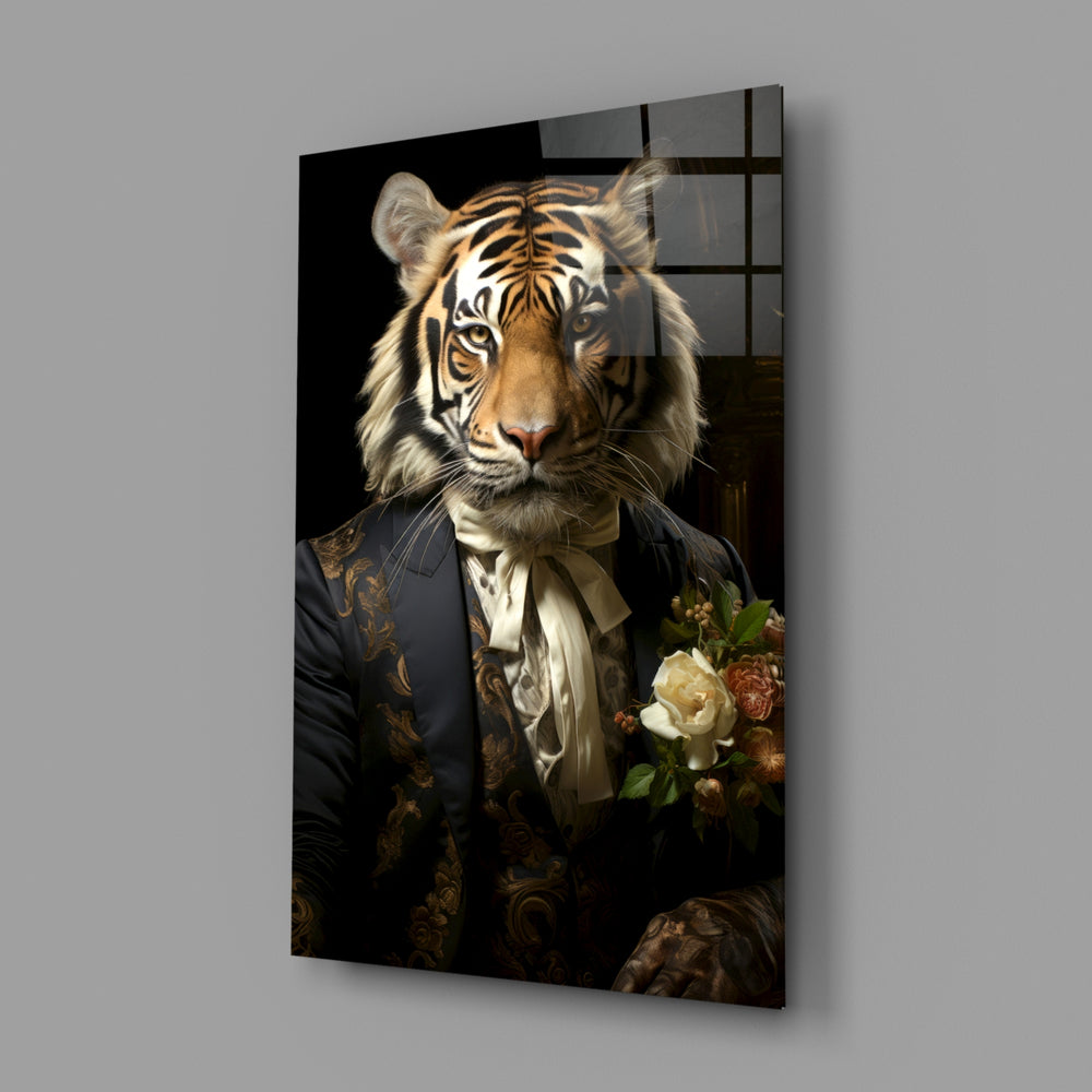 Gentleman close-up showing tiger head in navy brocade suit