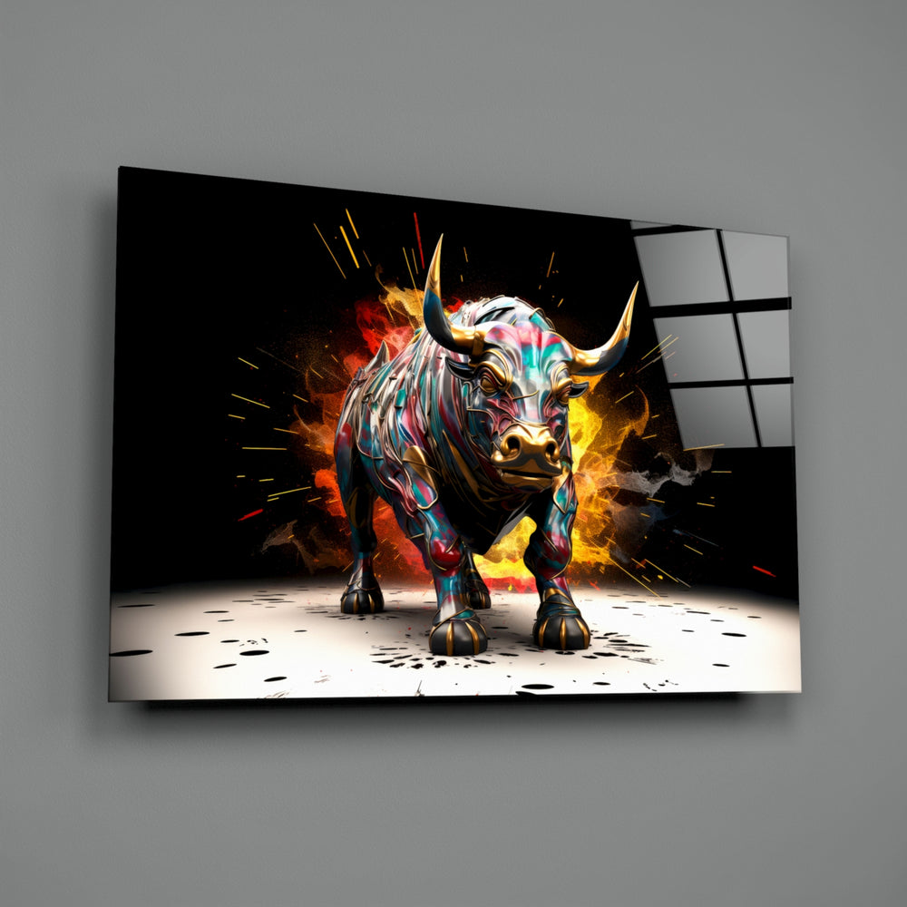 Bull close-up showing charging stance and scarlet-gold splatter