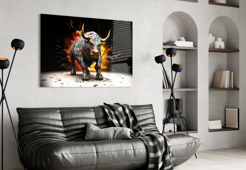 Bull panel adding editorial drama to a hallway
