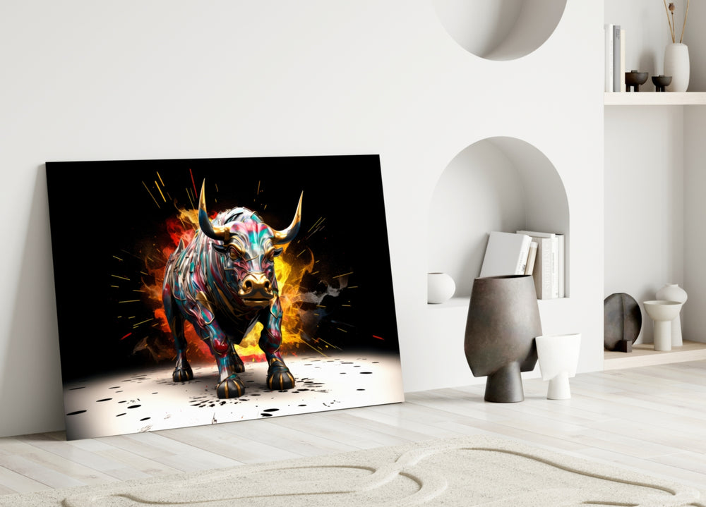 Bull glass wall art styled above a console in a media room