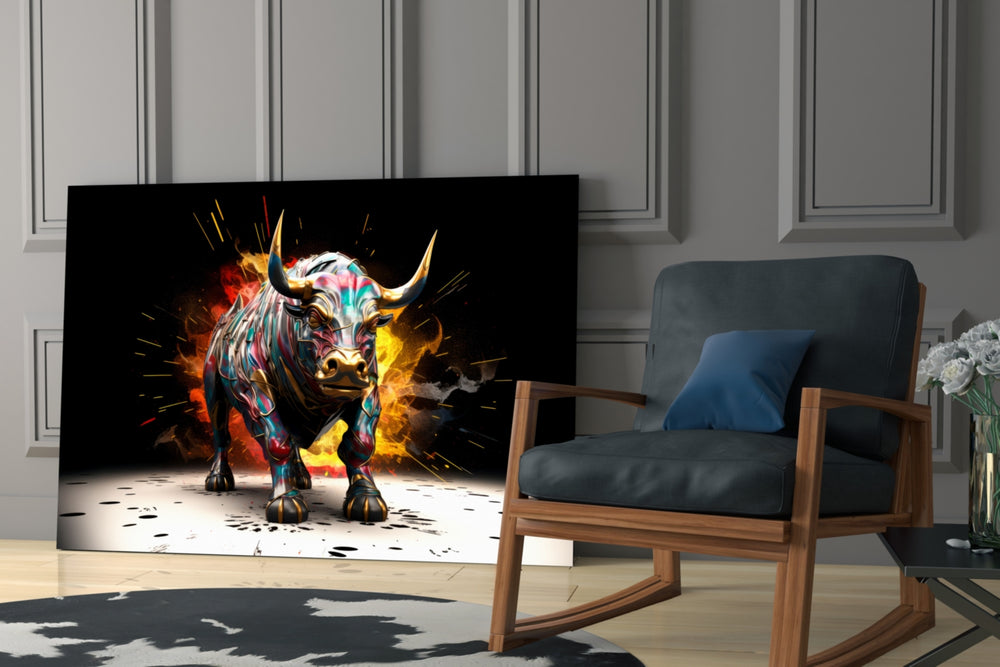 Charging-beast artwork anchoring a wall with scarlet-and-gold palette