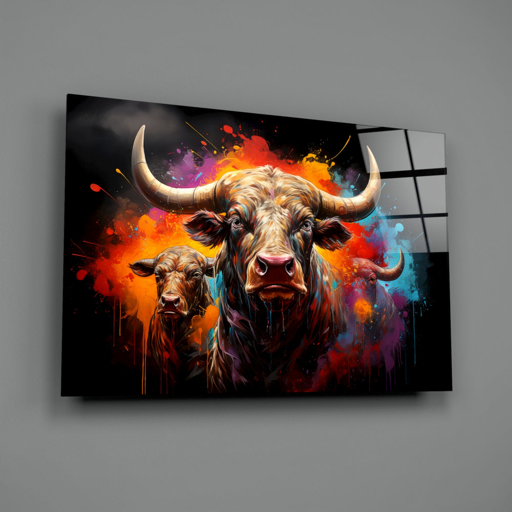 Bull close-up showing curving horns and magenta-cyan splatter