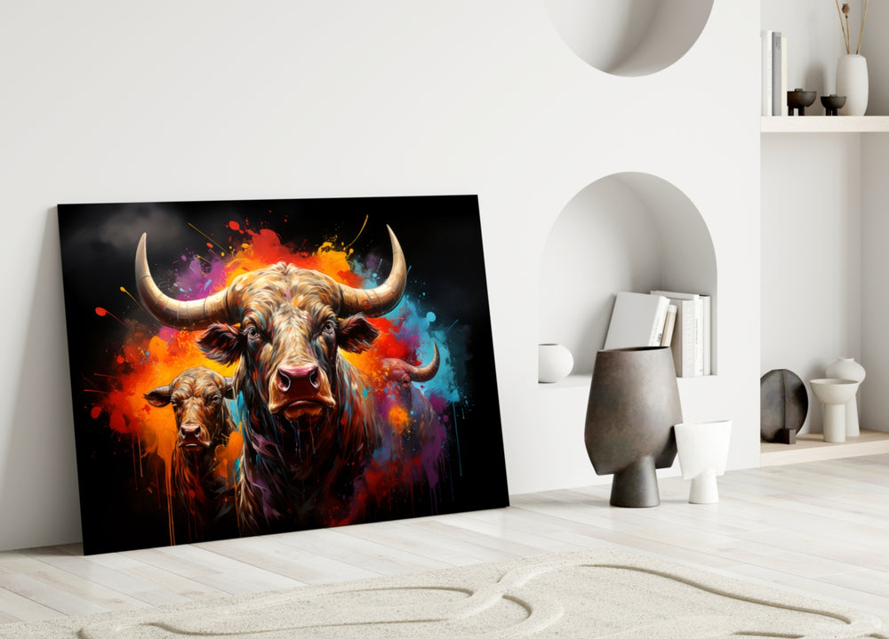 Bull glass wall art styled above a console in a media room