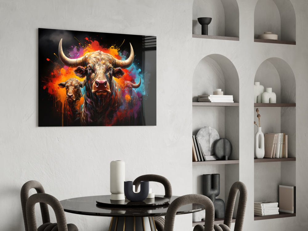 Bull glass print enhancing a den with statement firepower