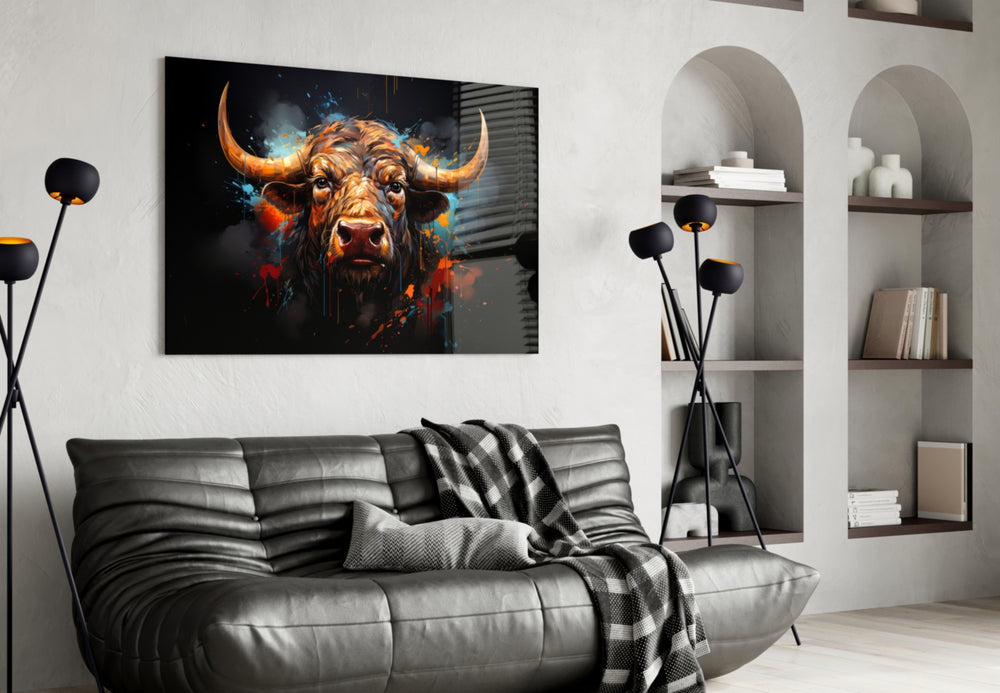Bull panel adding editorial drama to a hallway