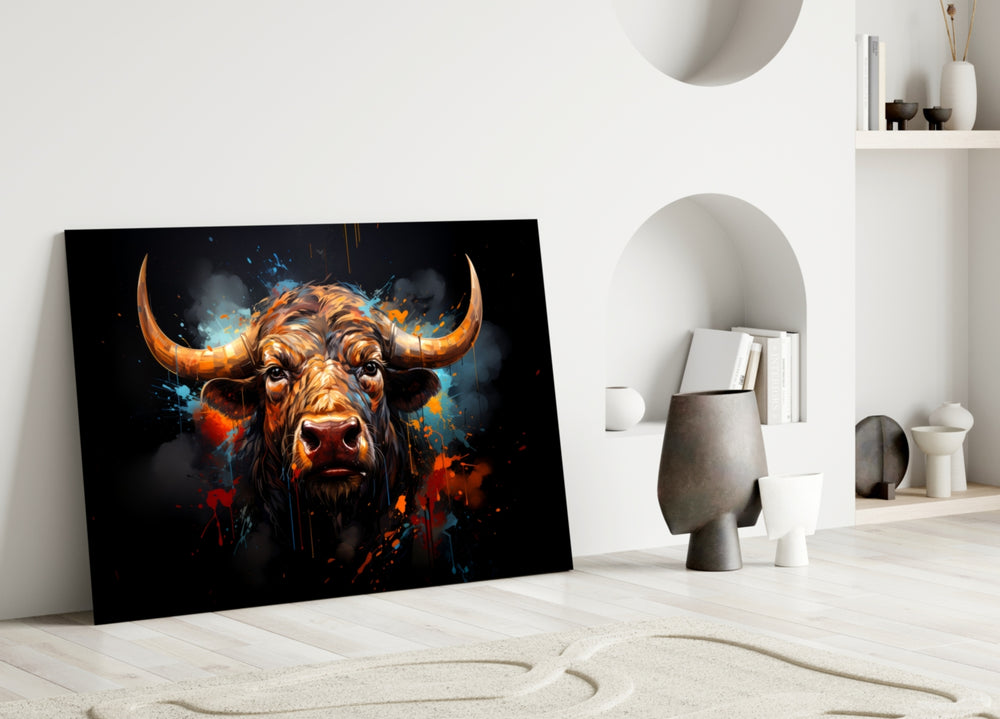 Bull glass wall art styled above a console in a media room