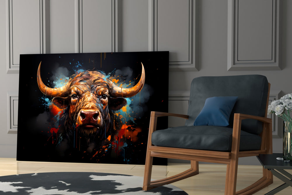 Moody-beast artwork anchoring a wall with amber-and-charcoal palette
