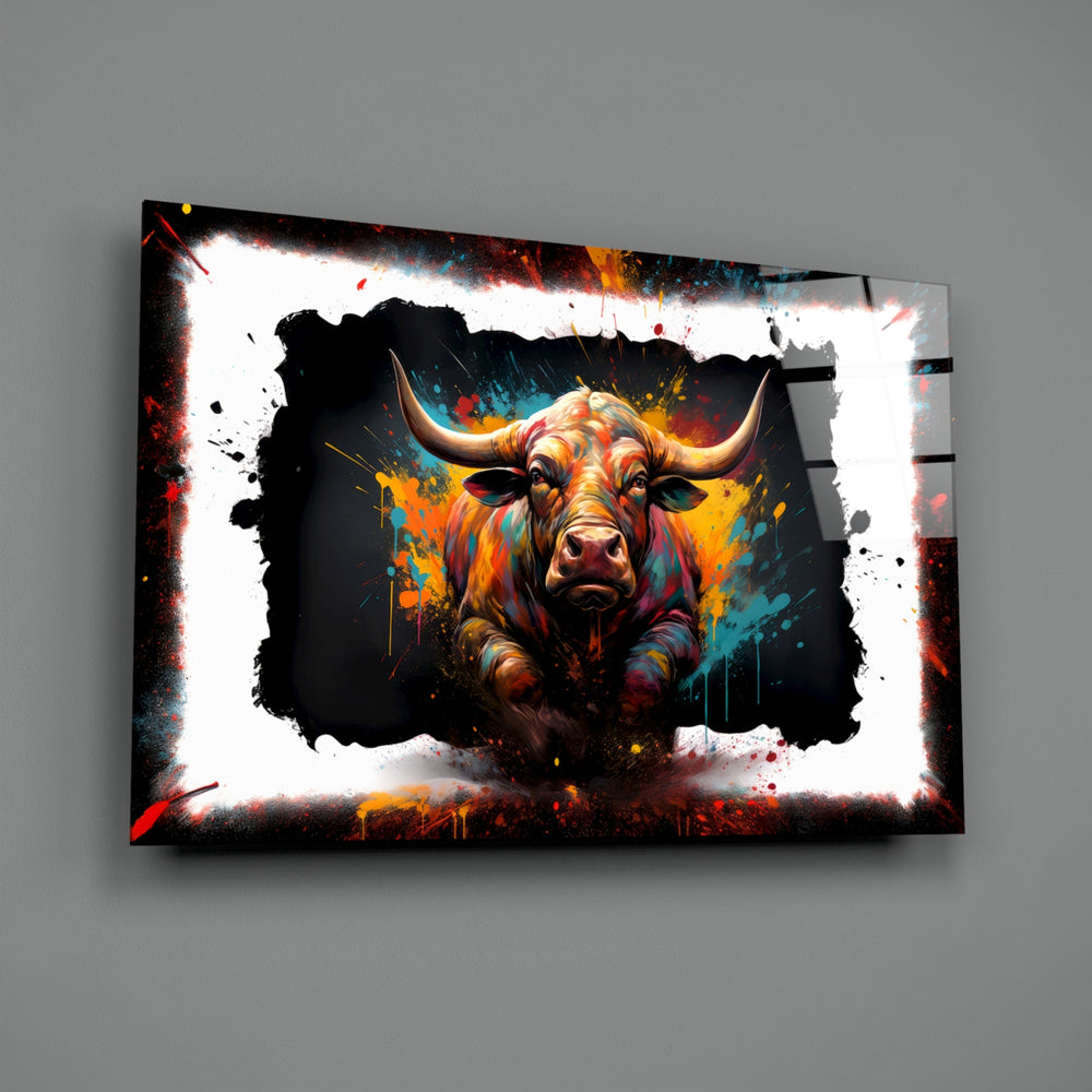 Bull close-up showing torn-paper border and splatter