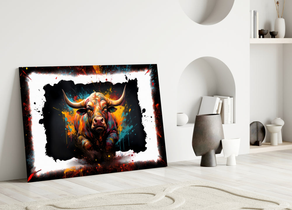 Bull glass wall art styled above a console in a media room