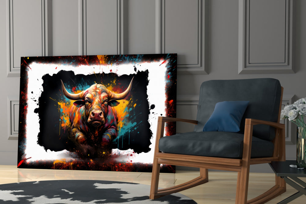 Framed-charge artwork anchoring a wall with scarlet-and-magenta palette