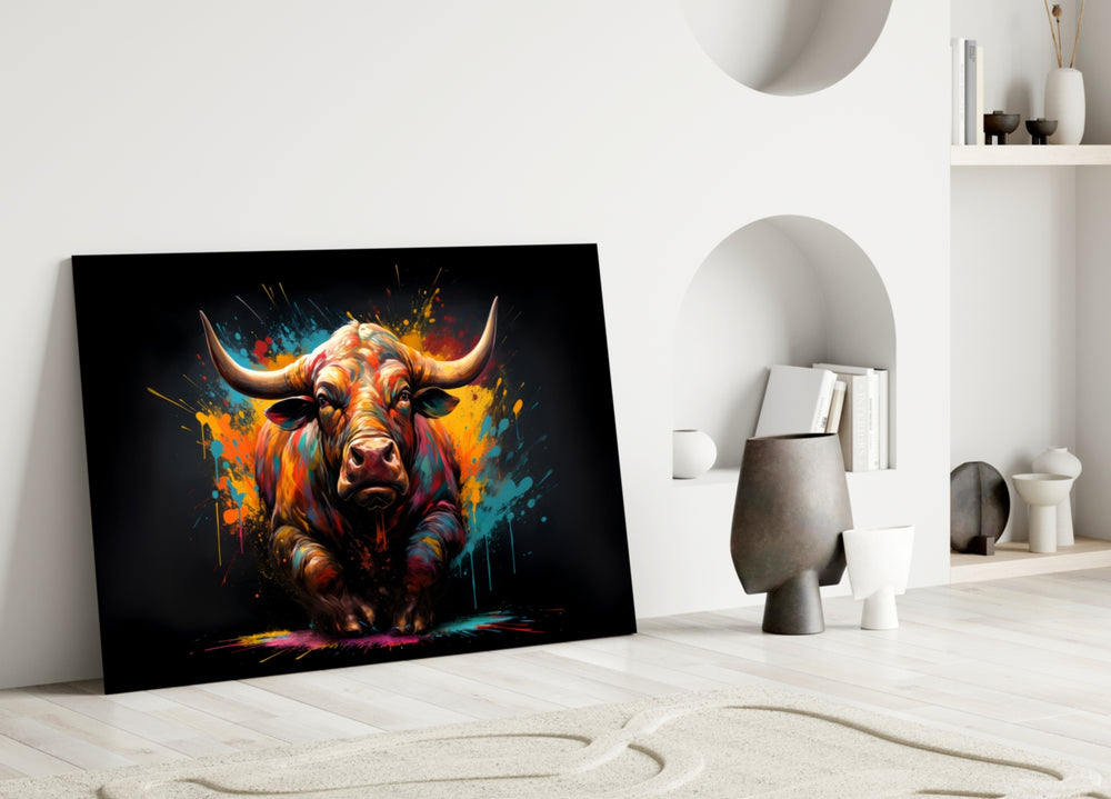 Bull glass wall art styled above a console in a media room