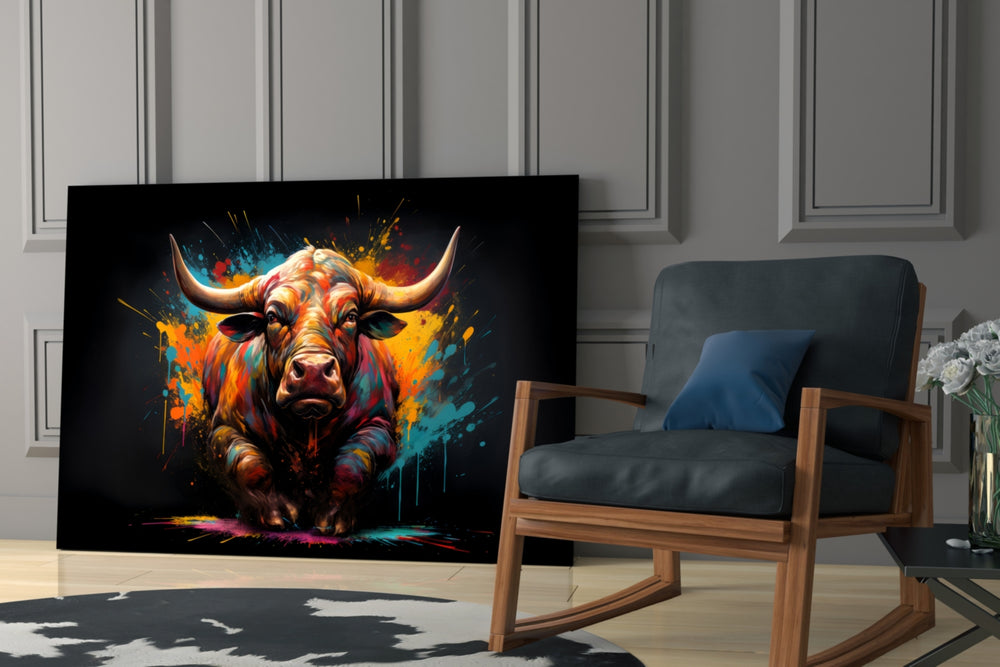 Powerful-beast artwork anchoring a wall with cyan-and-magenta palette
