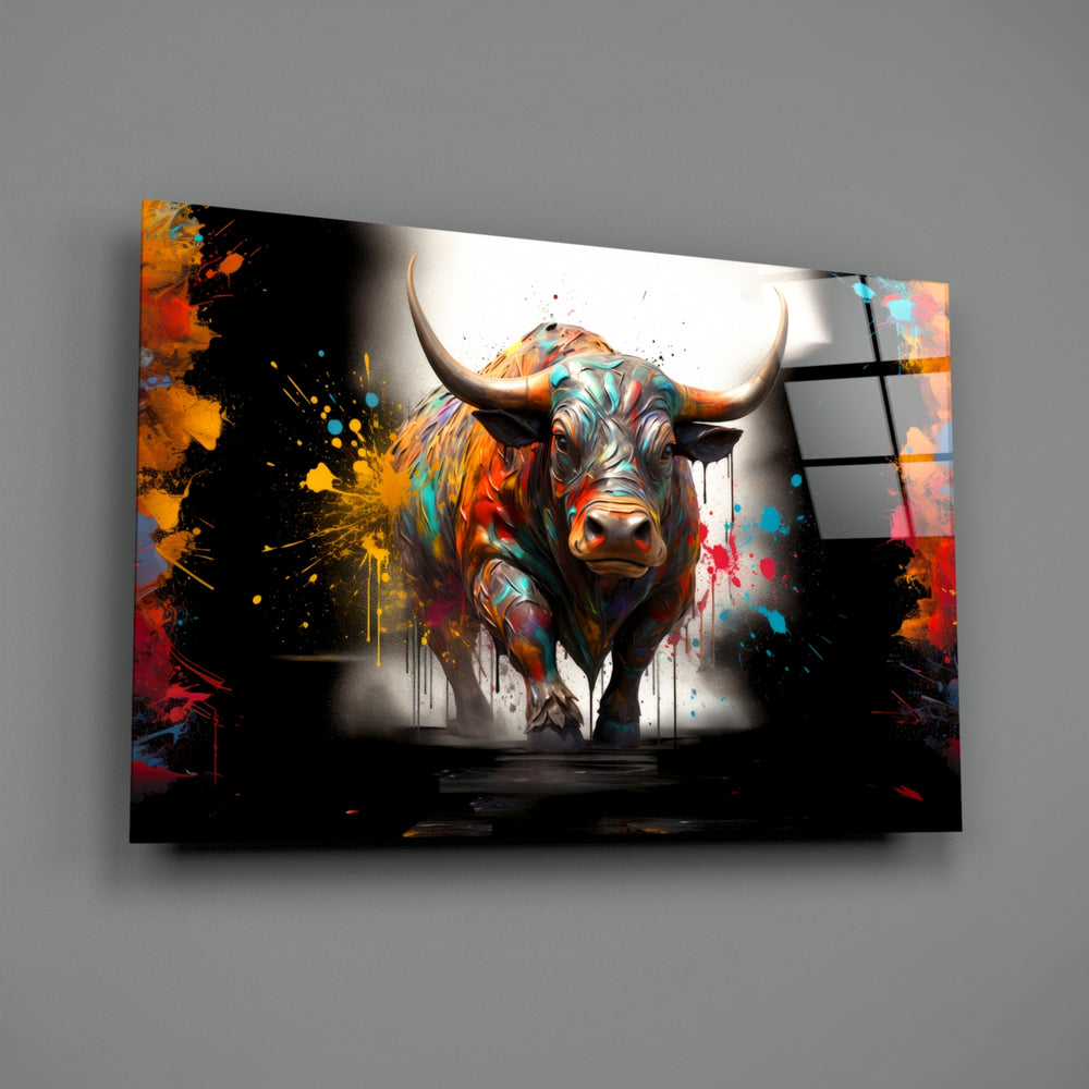 Bull close-up showing golden horns and tangerine-cyan splatter