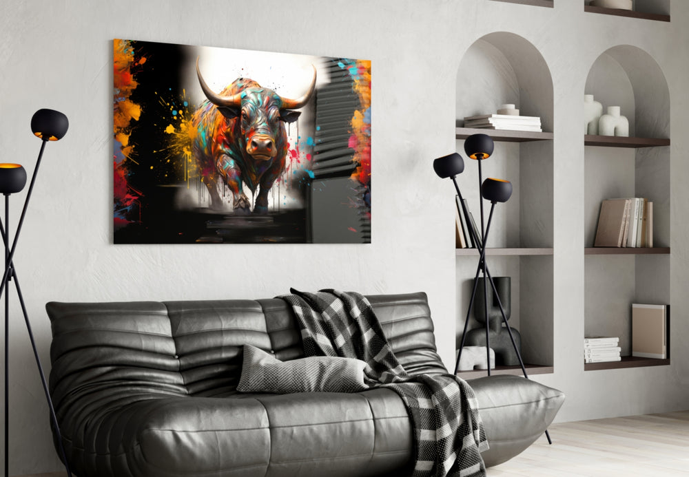 Bull panel adding editorial drama to a hallway