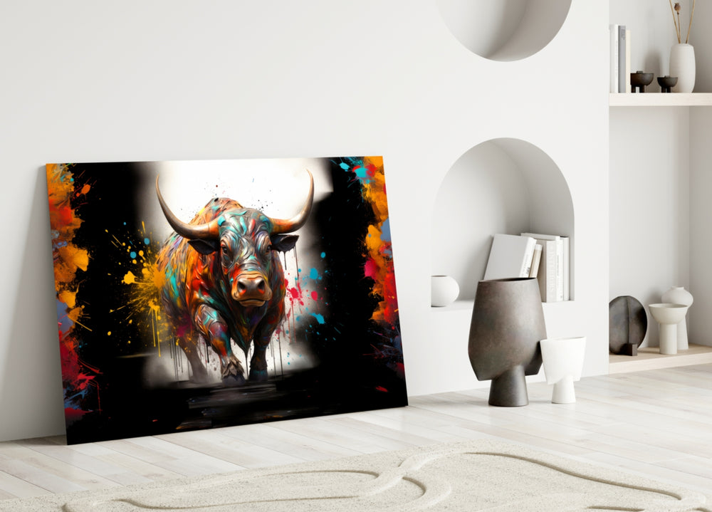 Bull glass wall art styled above a console in a media room