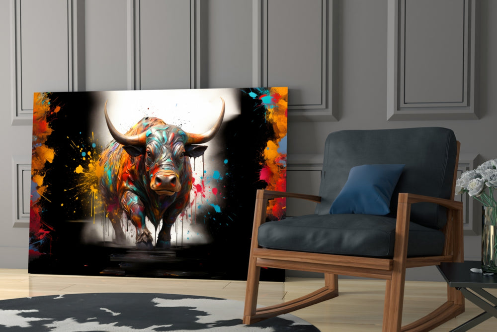 Fierce-beast artwork anchoring a wall with tangerine-and-cyan palette