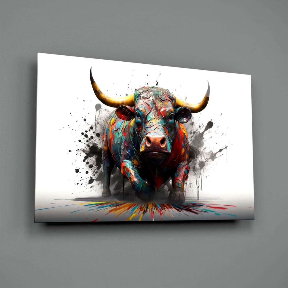 Bull close-up showing forward stance and magenta splatter
