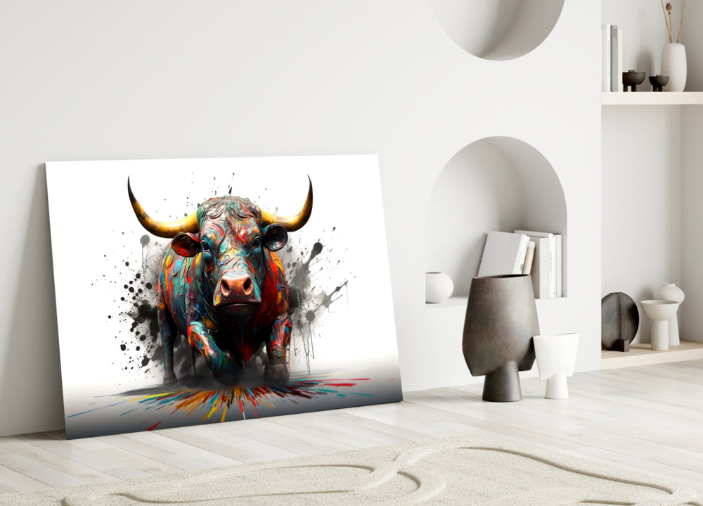 Bull glass wall art styled above a console in a media room