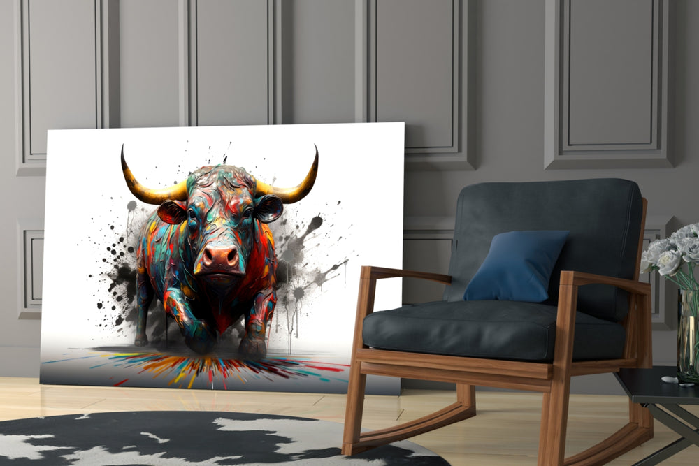 Charging-beast artwork anchoring a wall with magenta-and-ivory palette