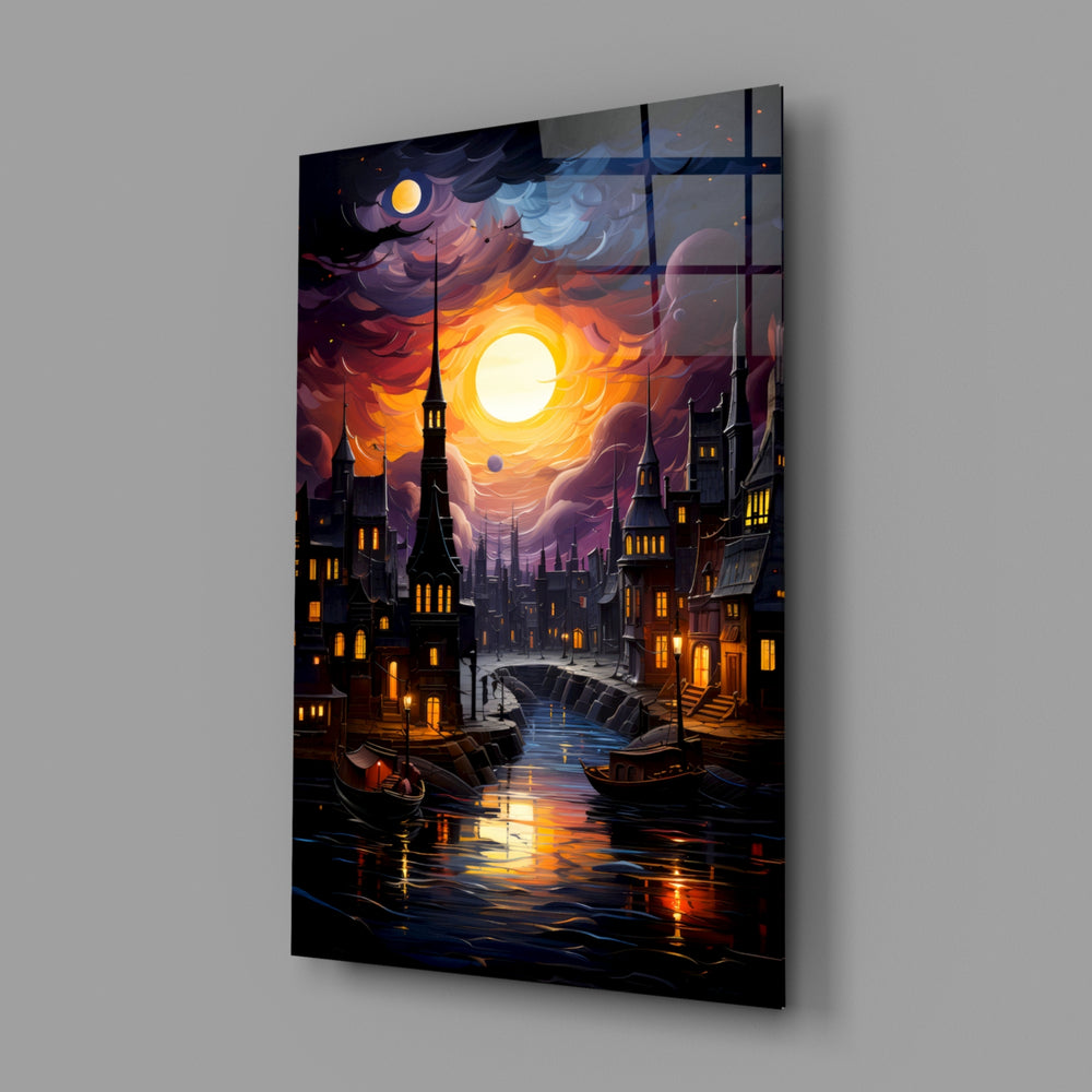 Moonlight close-up showing swirling clouds and gothic spires