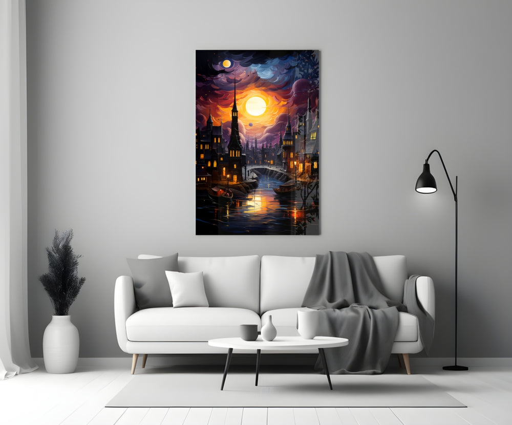 Moonlight glass wall art styled above a console in a sunroom