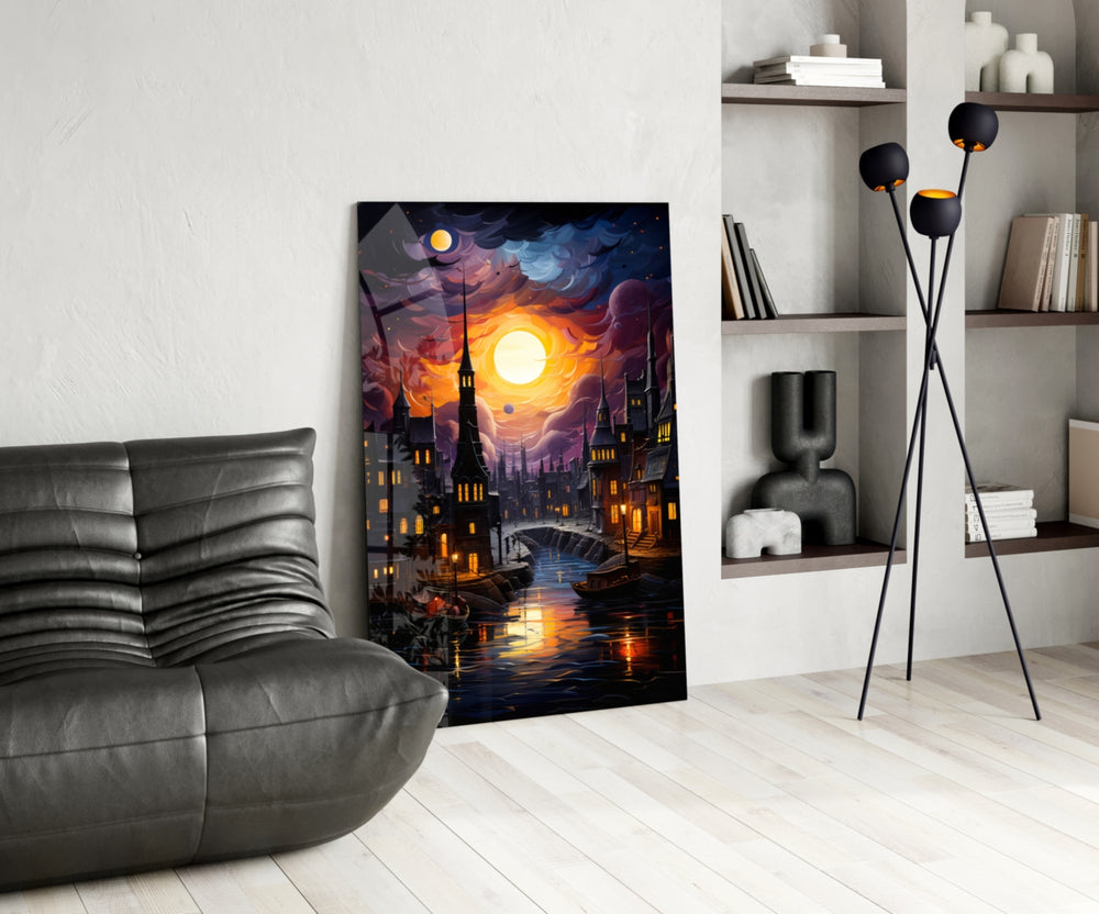 Moonlight glass print enhancing a den with statement firepower