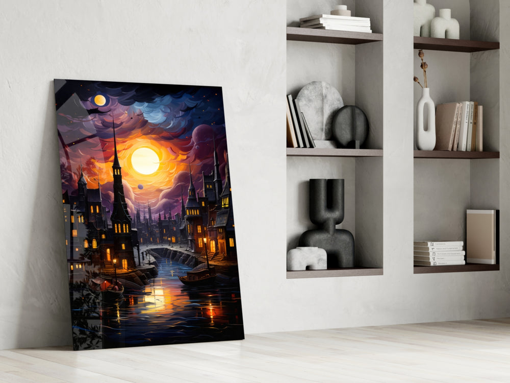Dreamy-nightscape artwork anchoring a wall with amber-and-indigo palette