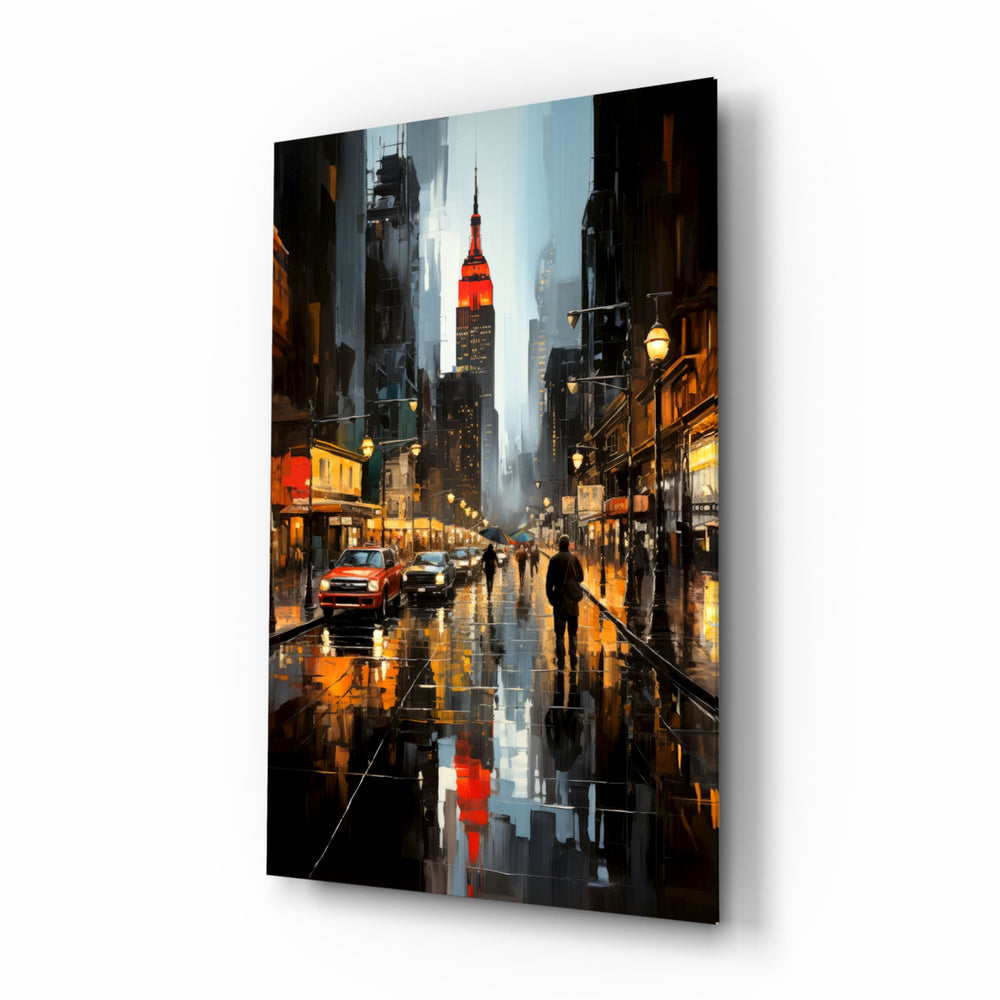 Painterly-cityscape panel bringing twilight glow to a study